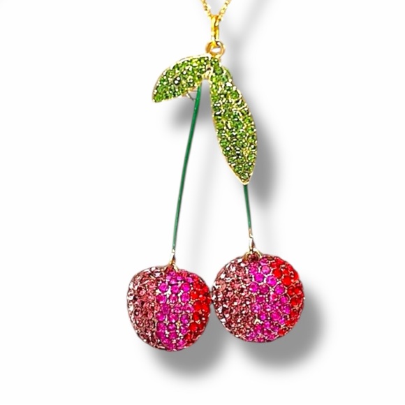 Crystal Studded Cherry Pendant Necklace – Gold Tone Chain – Statement – Like New - Picture 4 of 4
